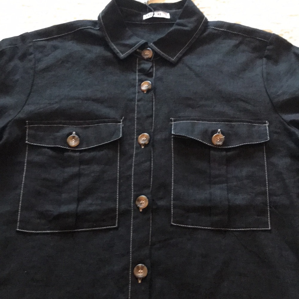 Black linen blouse with white stitching - Picture 4 of 11